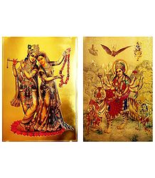 Radha Krishna and Bhagawati - Set of 2 Golden Metallic Paper Posters