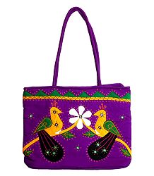 Bird Applique on Shoulder Bag with Two Zipped Pocket