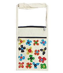 Colorful Flower Applique on Shoulder Bag with Two Zipped Pocket