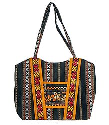 Kantha Embroidered Black with white Weaved Cotton Bag with Three Zipped Pocket