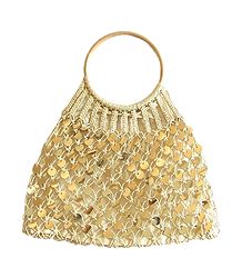 Golden Sequined Macreme Bag with Wooden Handle