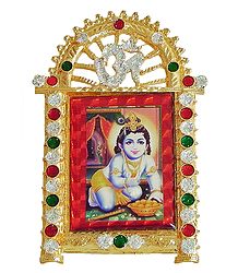 Laddu Gopal on Stone Studded and Golden Carved Metal Frame - Table Top Picture