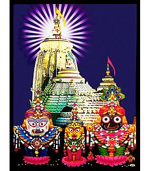 Jagannath, Balaram, Subhadra in Front of Puri Temple - Laminated Picture on Hardboard