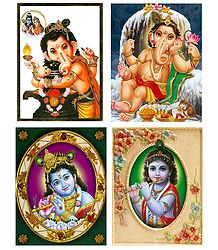 Ganesha and Krishna - Set of 4 Posters