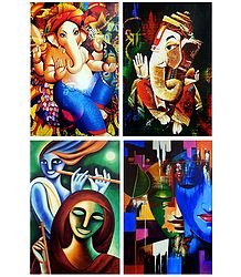 Ganesha, Krishna Meerabai and Radha Krishna - Set of 4 Posters