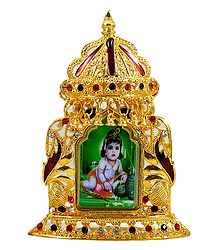 Krishna Picture on Stone Studded and Golden Carved Metal Frame