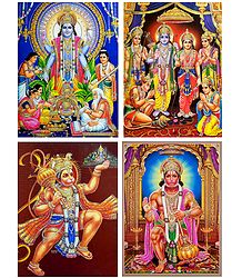 Satynarayan,Ram Darbar and Hanuman - Set of 4 Glitter Posters