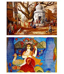 Saraswati and Village Temple - Set of 2 Small Posters
