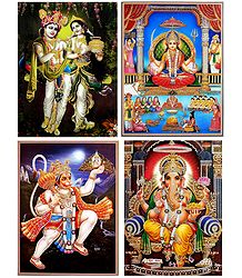 Radha Krishna,Santoshi Mata,Ganesha,and Hanuman - Set of 4 Glitter Posters