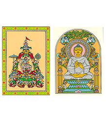Lord Krishna with Gopinis and Lord Buddha - 2 Patachitra Posters - Unframed