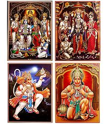 Ram Darbar and Hanuman - Set of 4 Glitter Posters