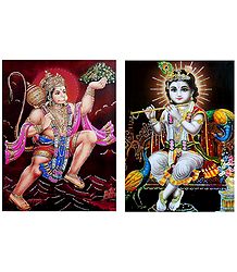 Lord Krishna and Hanuman - Set of 2 Glitter Posters
