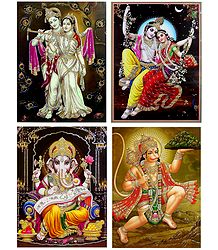 Radha Krishna,Ganesha,and Hanuman - Set of 4 Glitter Posters