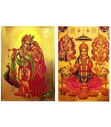 Lakshmi,Saraswati,Ganesha and Radha Krishna  - Set of 2 Golden Metallic Paper Poster