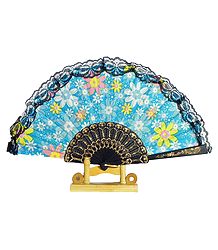 Floral Print on Blue Cotton Folding Fan with Stand