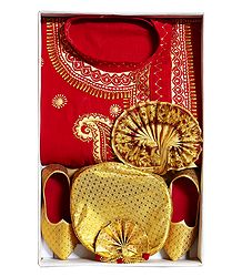 Bengal Ethnic Dress - Embroidered Cotton Red Kurta, Beige Art Silk Dhoti with Pagri and Shoe