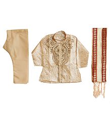 Embroidered Beige Kurta and Ready to Wear Dhoti with Chunni