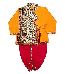 Printed Art Silk Kurta and Ready to Wear Red Dhoti for Baby Boy 