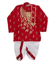 Embroidered Cotton Red Kurta and Ready to Wear White Dhoti for Baby Boy 