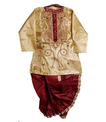 Embroidered Beige Art Silk Kurta and Ready to Wear Dhoti for Baby Boy 