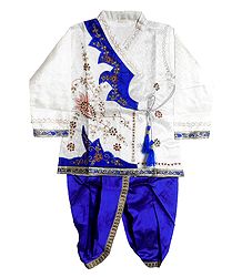White Art Silk Kurta and Ready to Wear Dark Blue Dhoti for Baby Boy 