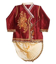 Embroidered Dark Red Art Silk Kurta and Ready to Wear Light Beige Dhoti for Baby Boy 