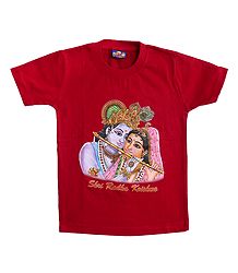 Printed Radha Krishna on Red T-Shirt