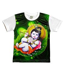 Printed Krishna on Green T-Shirt