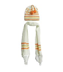 Ivory Color Woolen Scarf and Cap with Stars