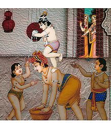 Krishna Stealing Butter with His Friends - Poster