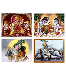 Set of 4 Radha Krishna, Bal Gopal and Bhagawati Posters