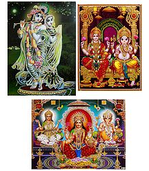 Radha Krishna, Lakshmi, Saraswati, Ganesha - Set of 3 Glitter Posters