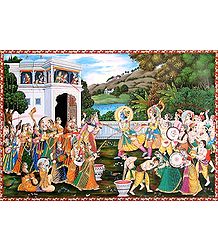 Krishna Playing Holi with Radha and Gopinis - Poster