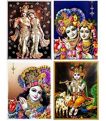 Radha Krishna and Young Krishna - Set of 4 Glitter Posters