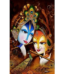 Radha Learning Flute from Krishna - Poster