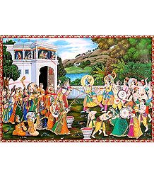 Krishna Playing Holi with Radha and Gopinis