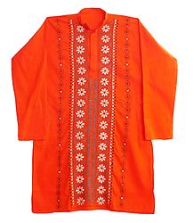 Kantha Stitched Saffron Cotton Kurta