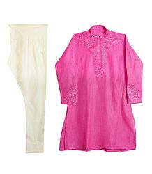 Embroidered Pink Cotton Kurta and Off-white Churidar