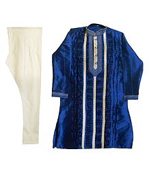 Embroidered Blue Kurta with Off-White Churidar