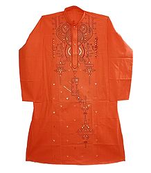 Embroidered Saffron Cotton Kurta for Men
