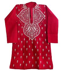 Dark Red Mens Kurta with White Kantha Embroidery