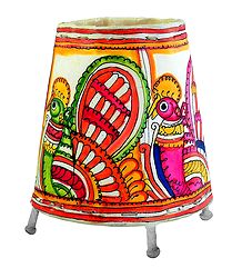 Leather Perforated Stand Lamp Shade with Colorful Hand Painted Peacock Design