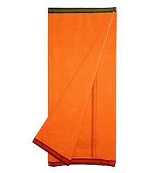 Dark Saffron Plain Cotton Lungi with Red and Green Border
