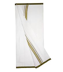 White Plain Cotton Lungi with Green Border