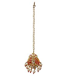 Pink and White Stone Studded Mang Tikka with White Beads