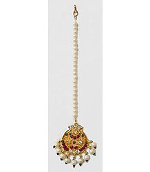 Faux Garnet and Zirconia Studded Mang Tikka with White Beads