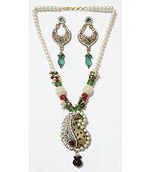 Red, Green and White Stone Studded Necklace with Earrings
