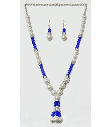 White and Blue Bead Necklace with Earrings