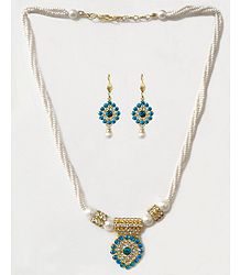 White Bead Necklace with White and Blue Stone Studded Pendant and Earrings