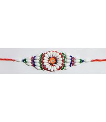 White and Multicolor Beaded Armlet on Saffron Cloth